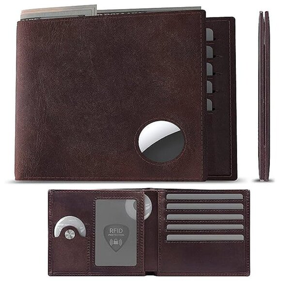 Mens Leather Wallet with AirTag Holder: Hidden Pocket , Crazy Horse Brown